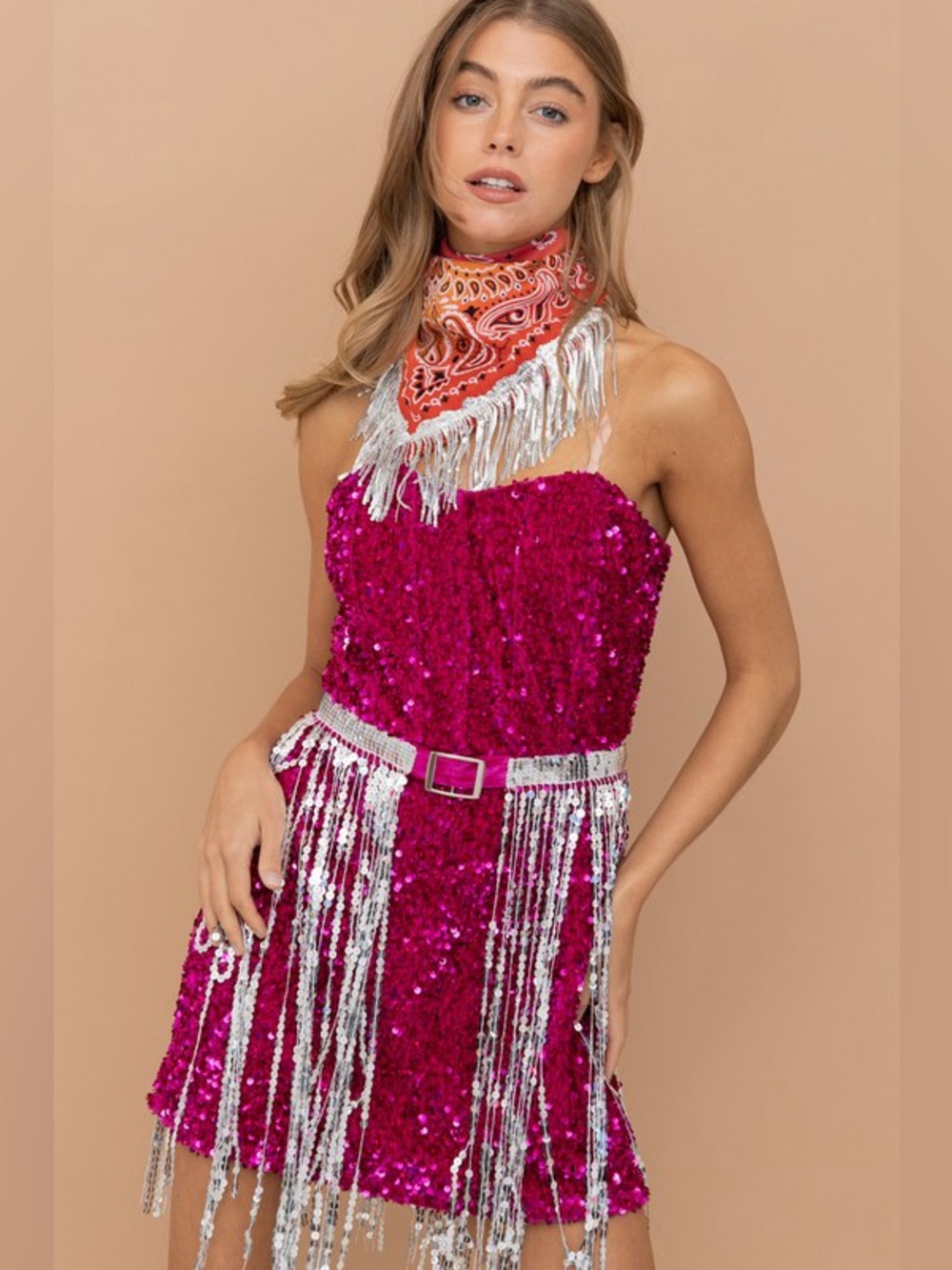 Red game day fringe sequin tassel bandana boho shimmer western cowgirl dress set
